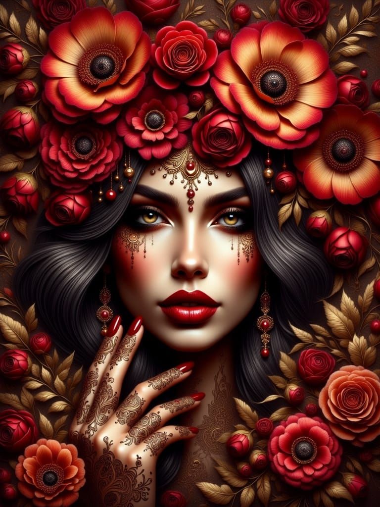 Floral Henna Beauty in Airbrushed Oil Painting Style