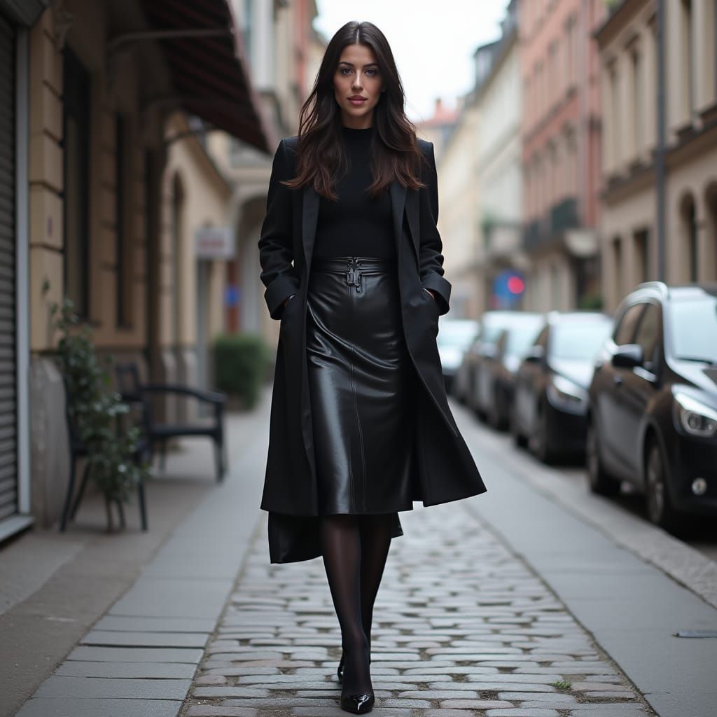 Woman in Leather Skirt Walking Down Street