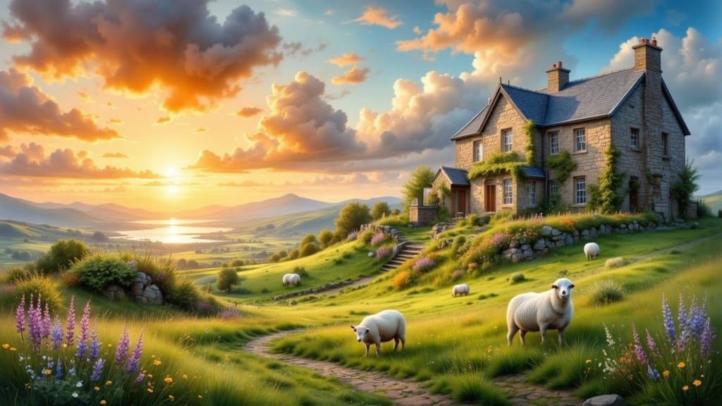 Ireland's Emerald Fields and Craggy Cliffs at Golden Hour