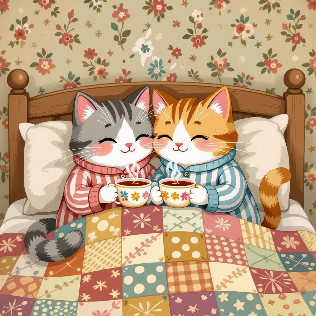 Cute Cartoon Cats Cuddling with Tea