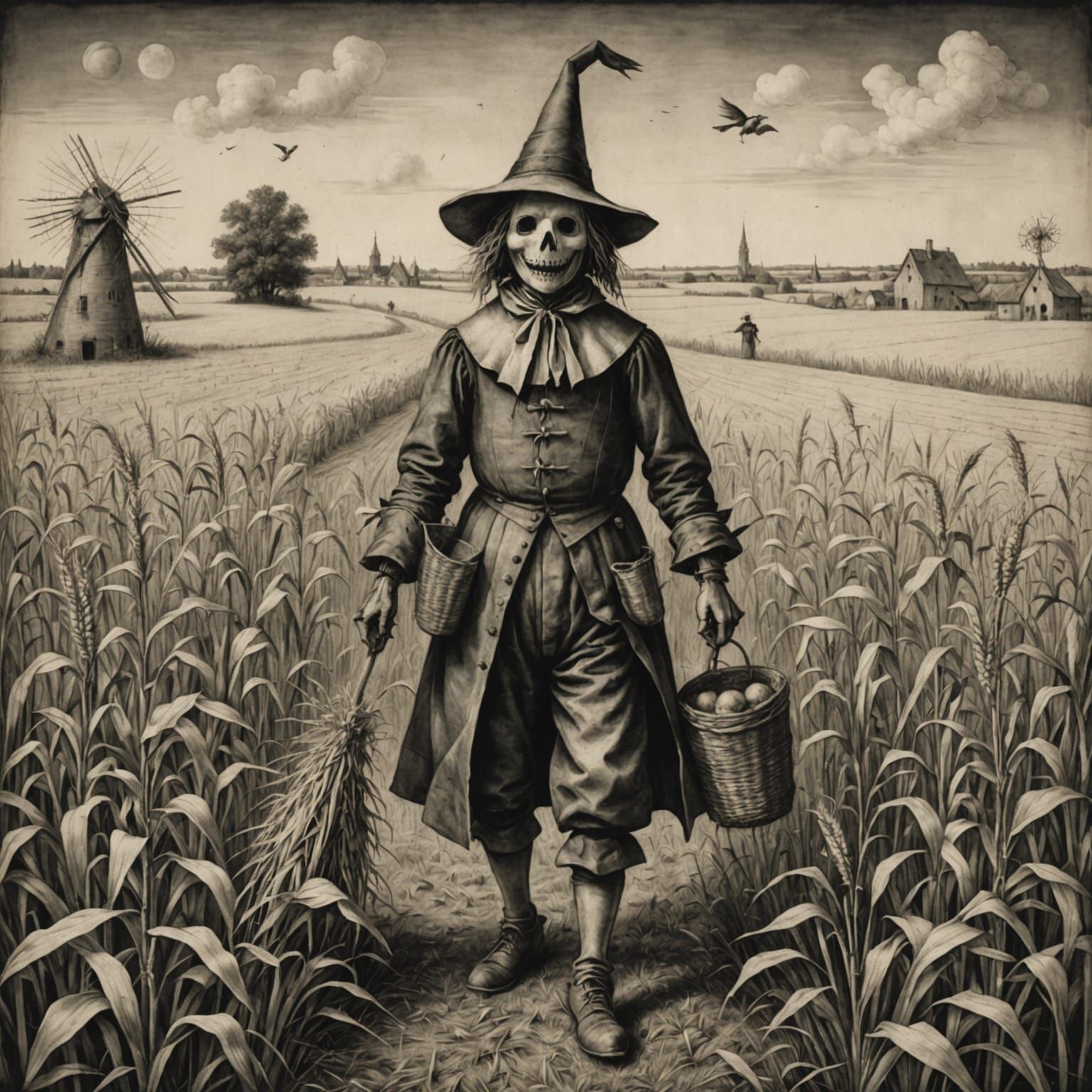 Feldgeister Scarecrow in Rye Field by Hieronymus Bosch Style
