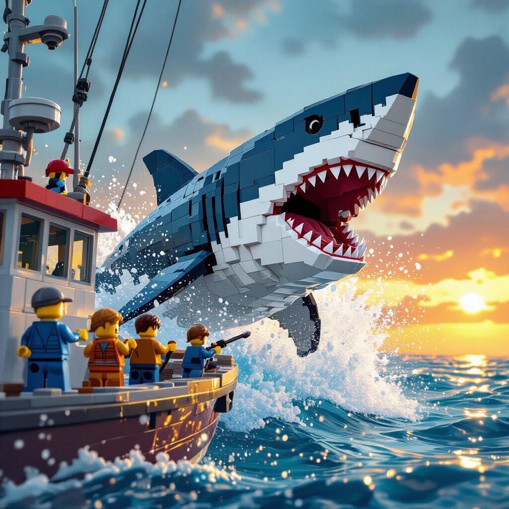 Giant LEGO Shark Breaching, Hyper-Realistic Style