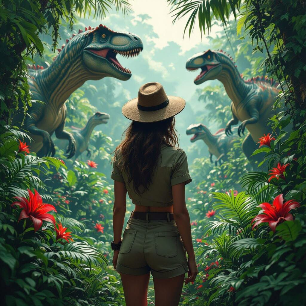 Safari Woman Surrounded by Dinosaurs in Matte Painting Style