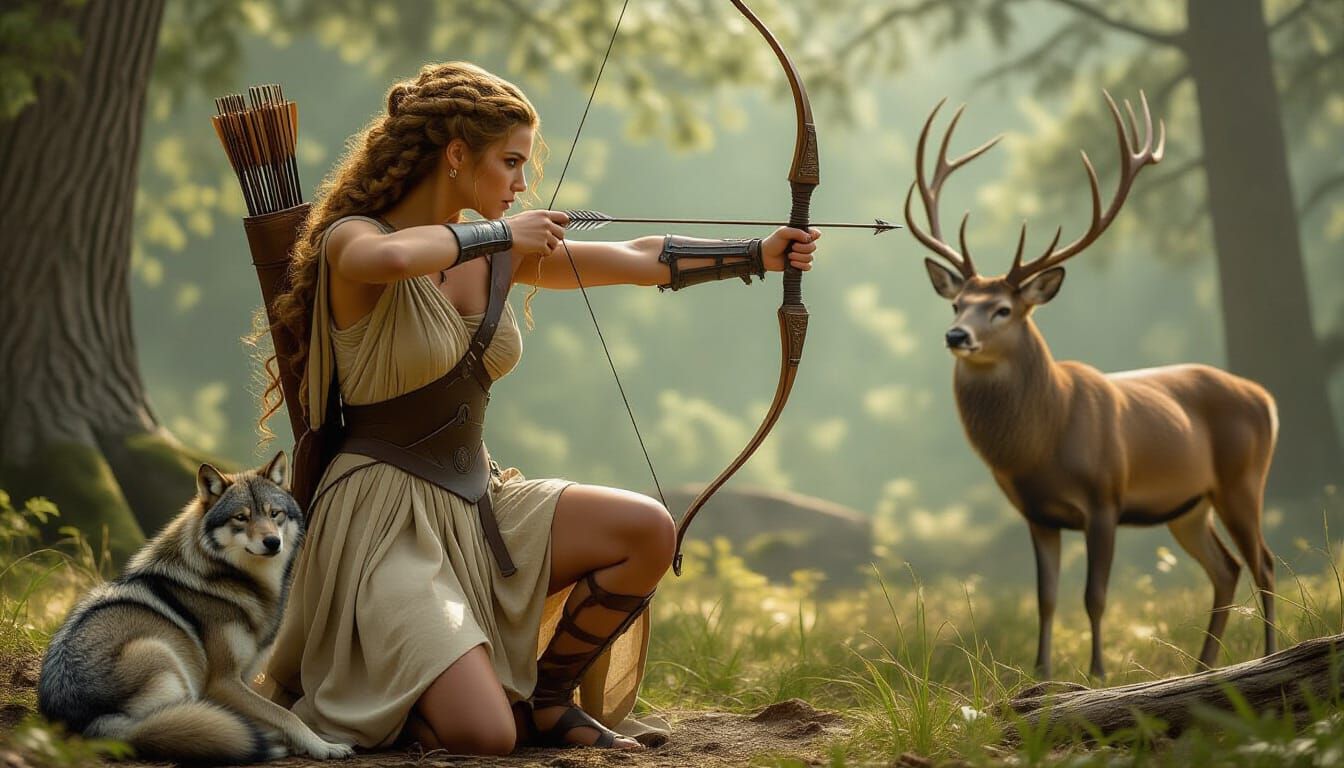 Artemis Hunting Deer in Ancient Forest, Cinematic Style