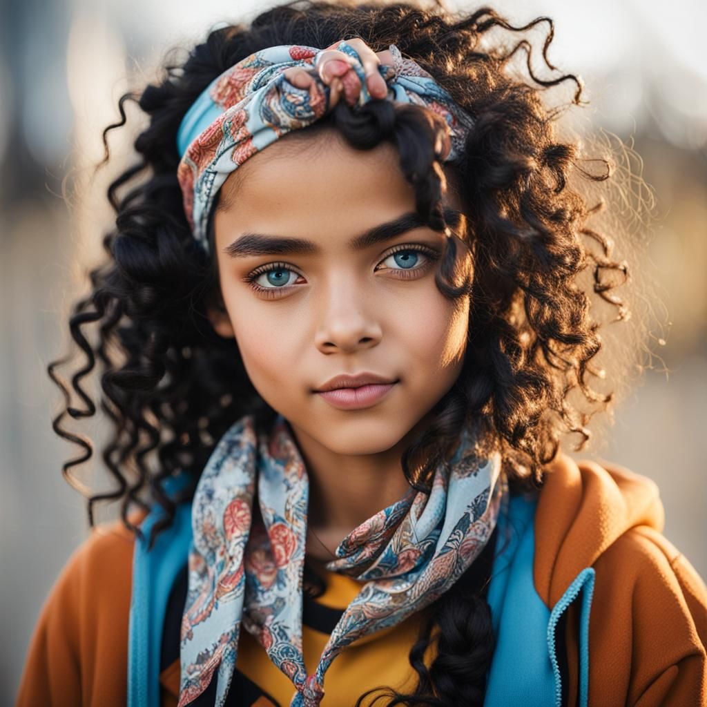 Curly Haired Girl with Bandana