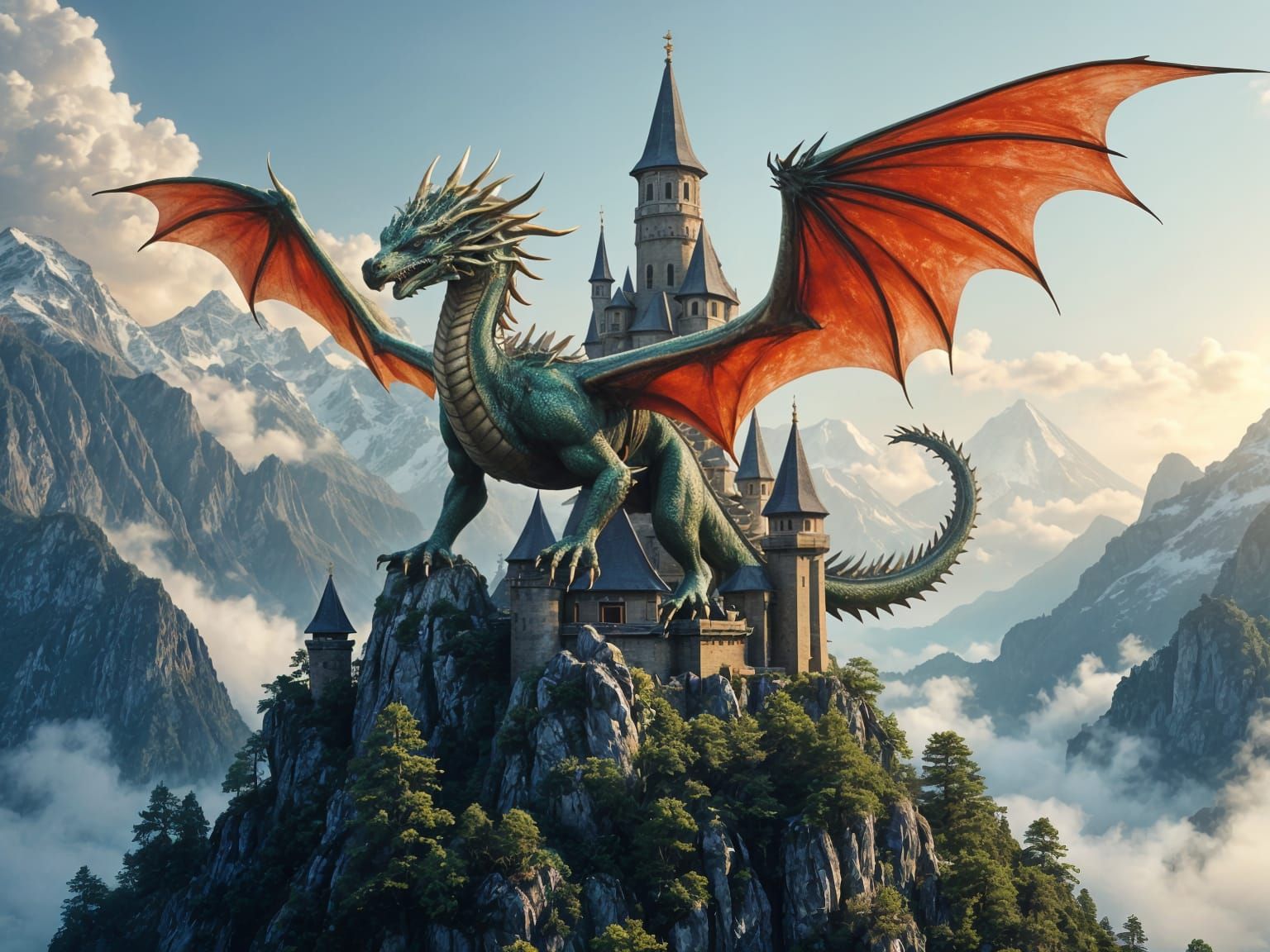 Majestic Asian Dragon Flies Over Castle