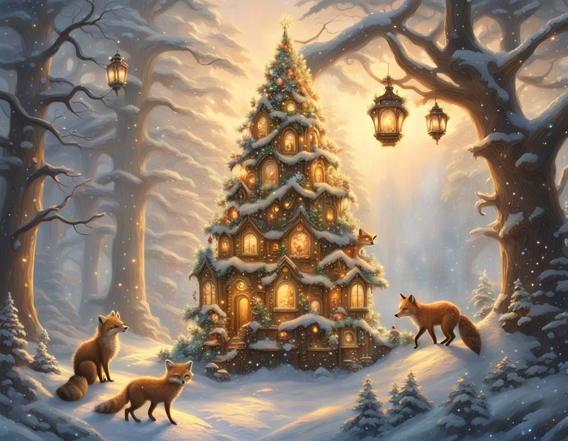 Steampunk Christmas Tree in Winter Wonderland