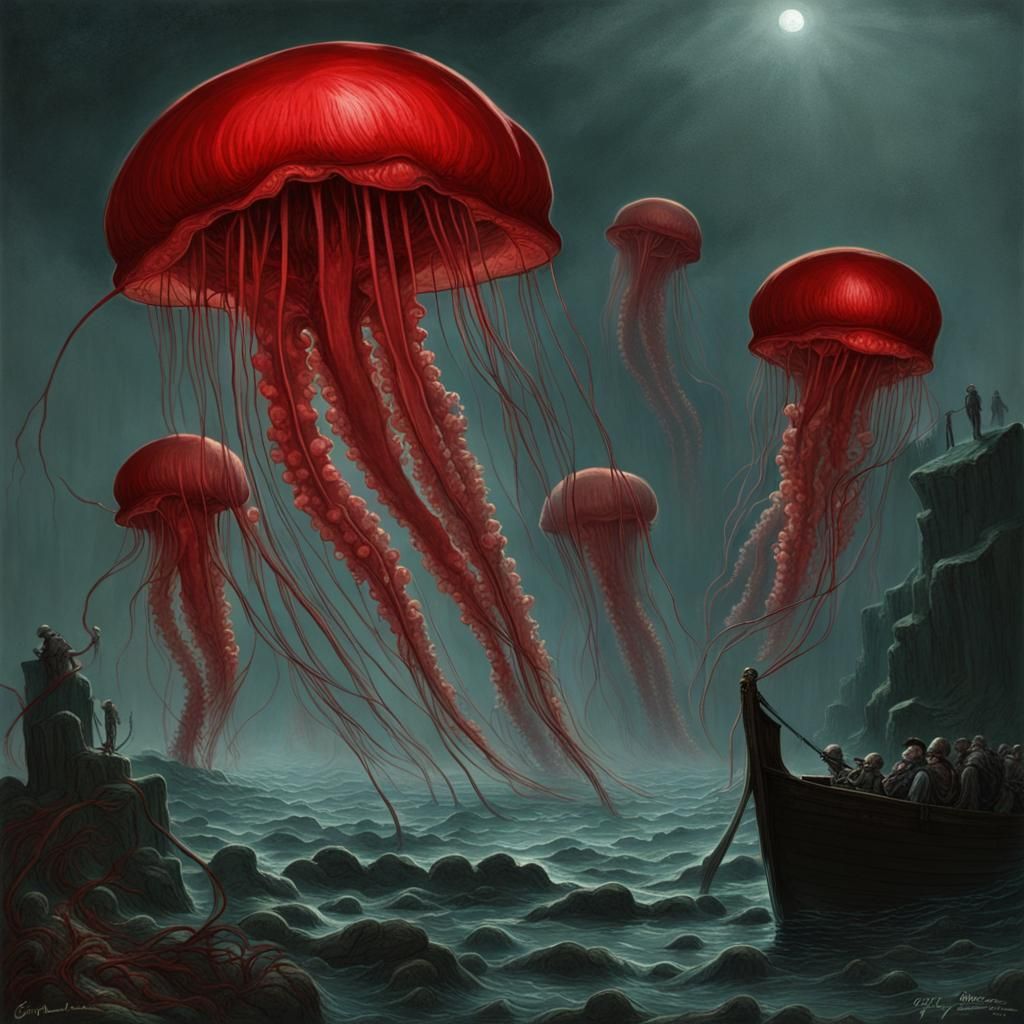 Horrific Jellyfish Invasion in Dark Red Style