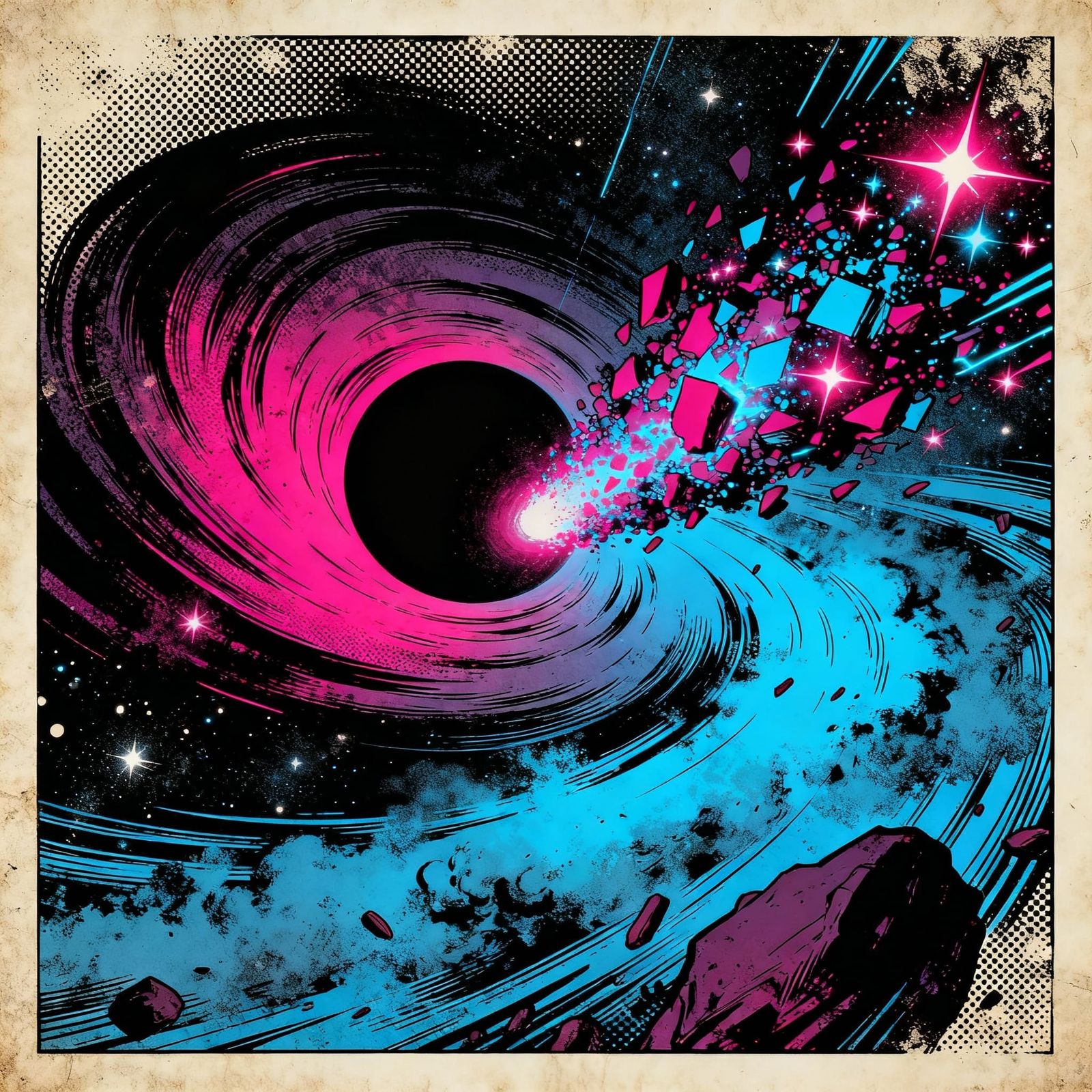 Abstract Black Hole Consuming Stars in Vintage Comic Style