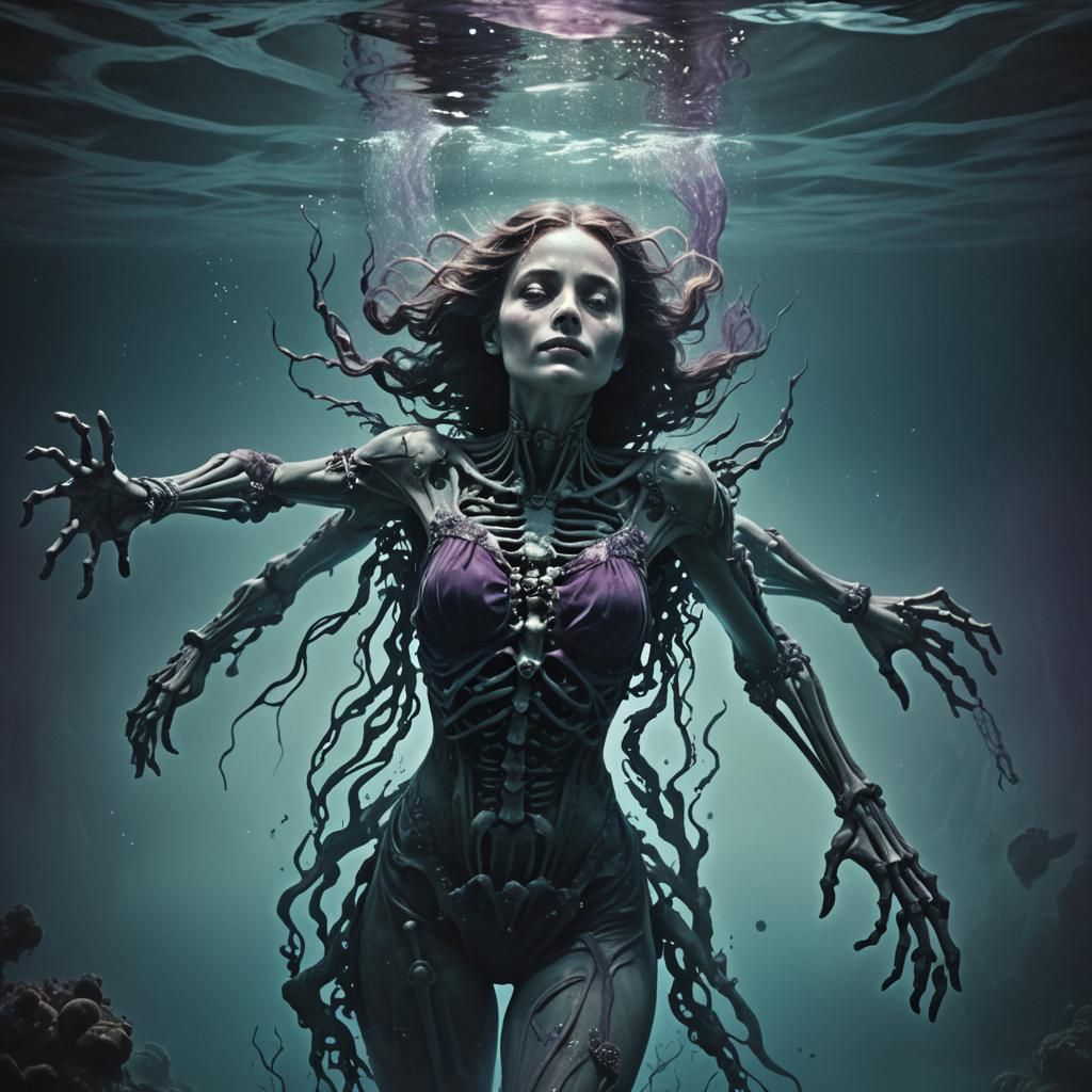 Ethereal Dark Fantasy: Woman Pulled Under by Skeletal Hands