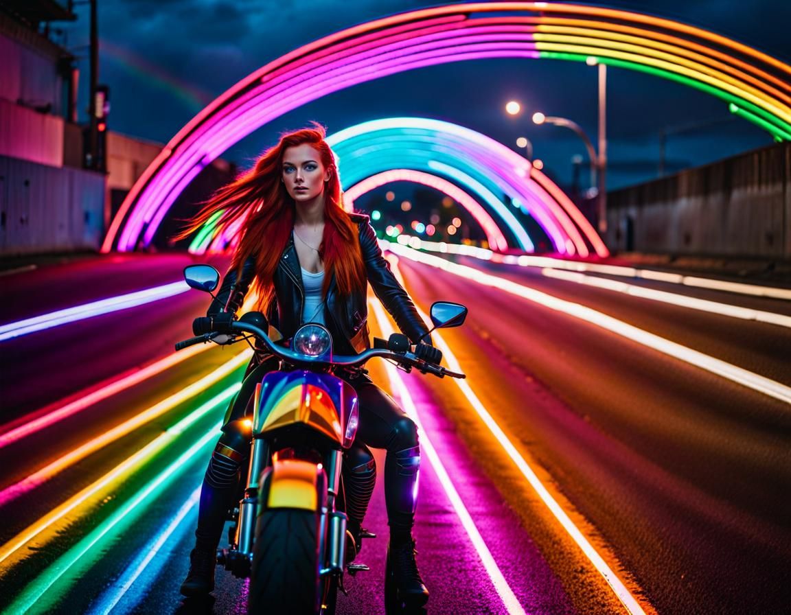 Vibrant Cyberpunk Goddess Rides Roadway of Colors
