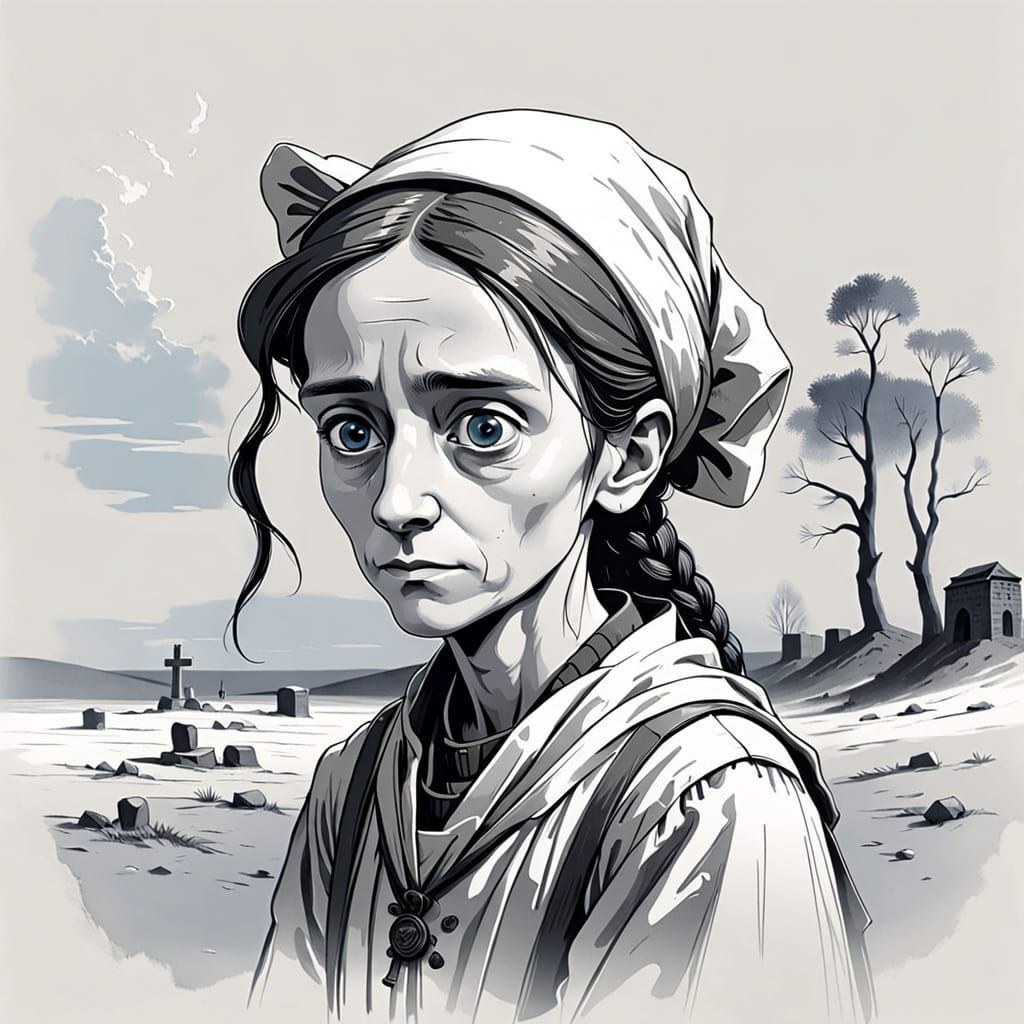 Mourning Figure in Desolate Landscape After Farewell