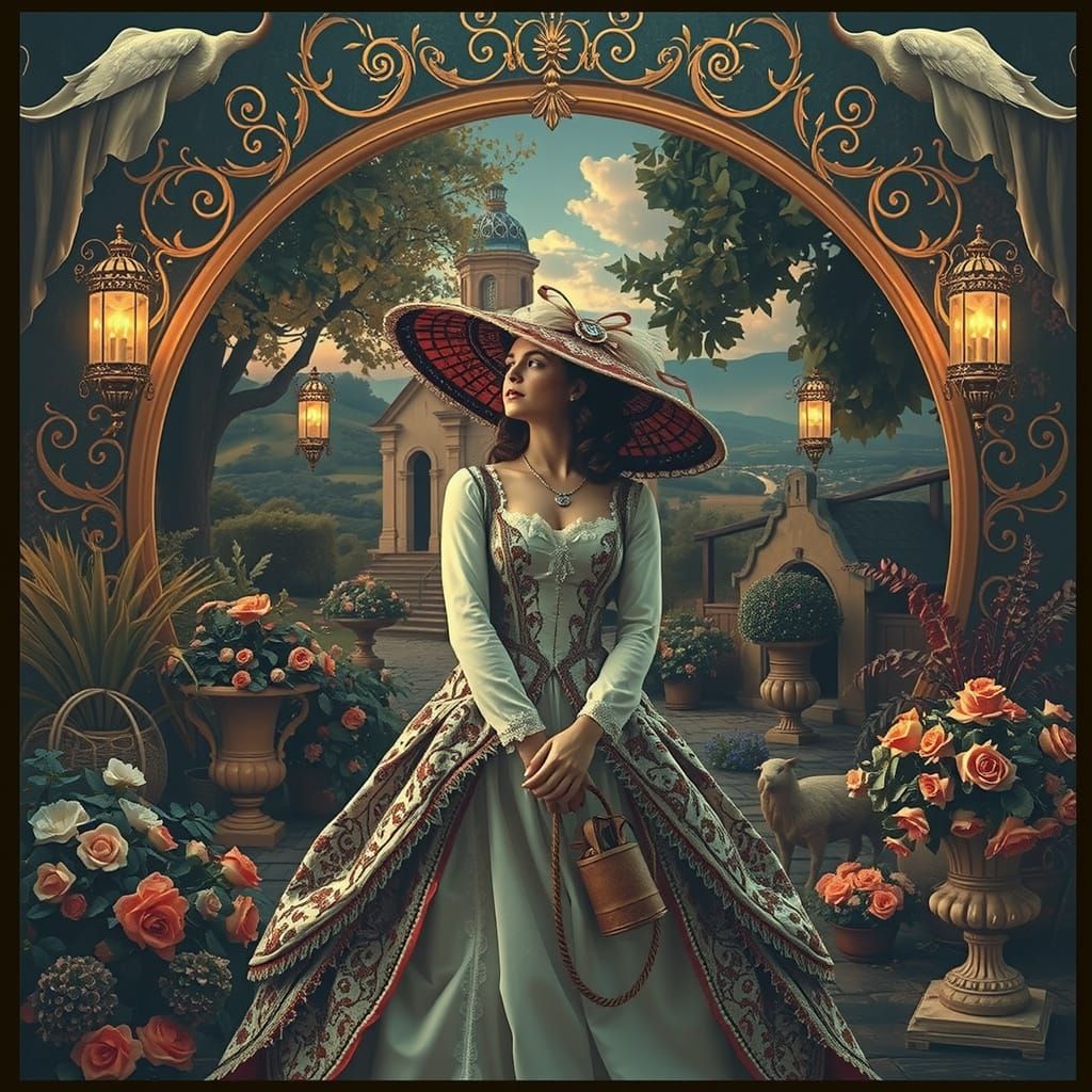 Elegantly Dressed Figure in French Countryside