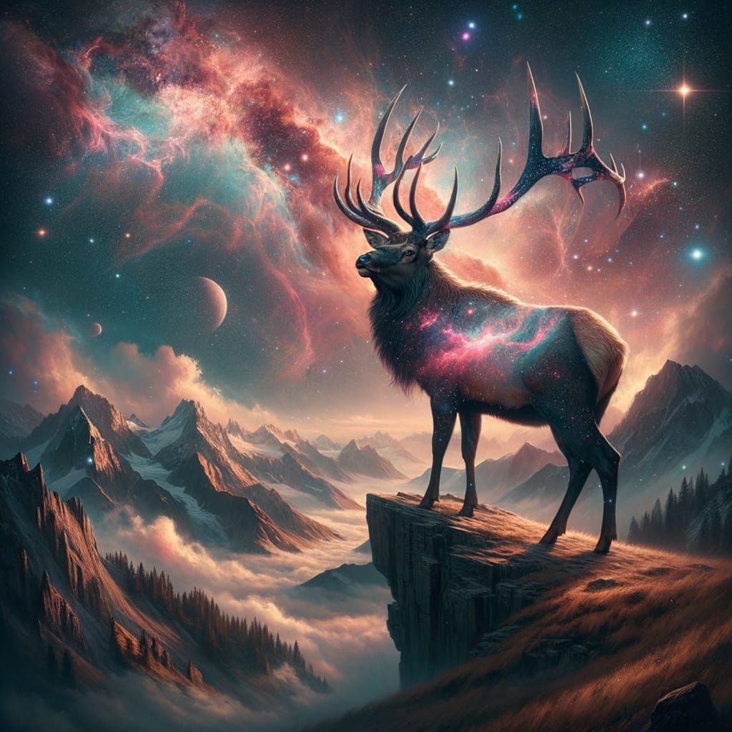 Elk with Constellation Antlers Overlooking Nebula Sky