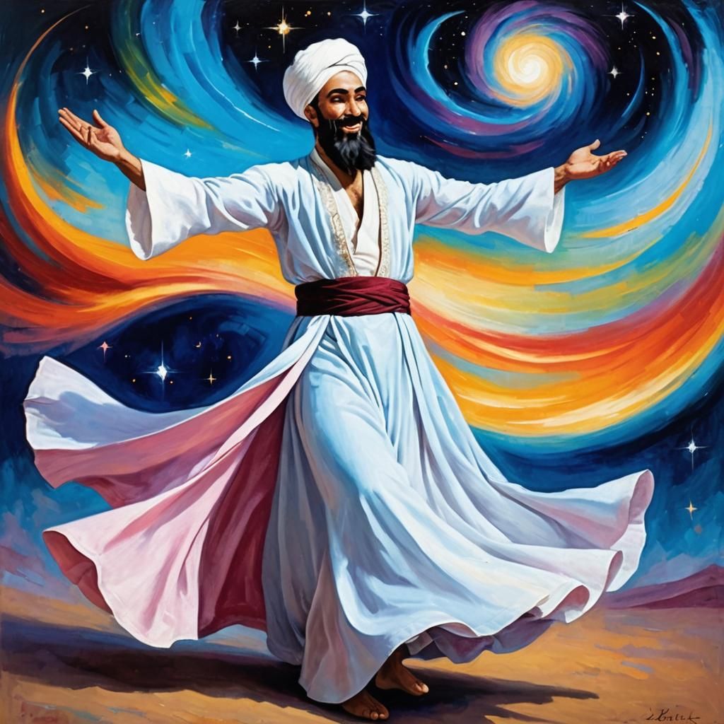 Whirling Dervish in Cosmic Dance: Impasto Oil Painting