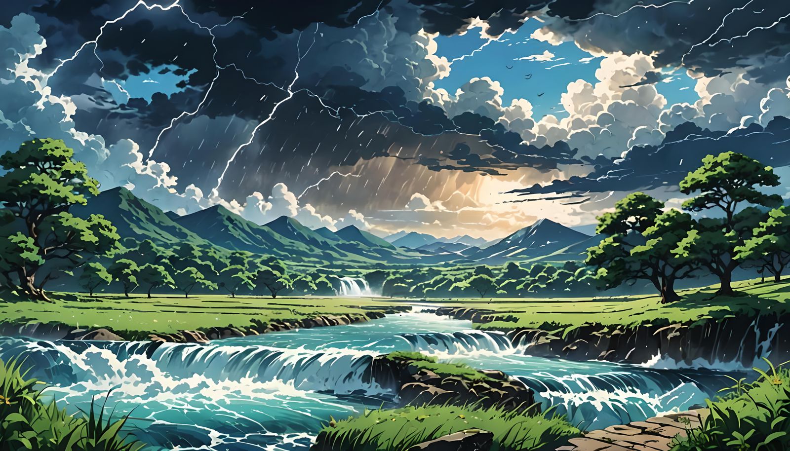 Nature Scene: Thunderstorms, Birds, Harp in Anime Style