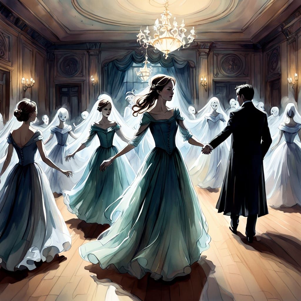 Ghosts Dance at Haunted New Year's Ball in Watercolor Sketch