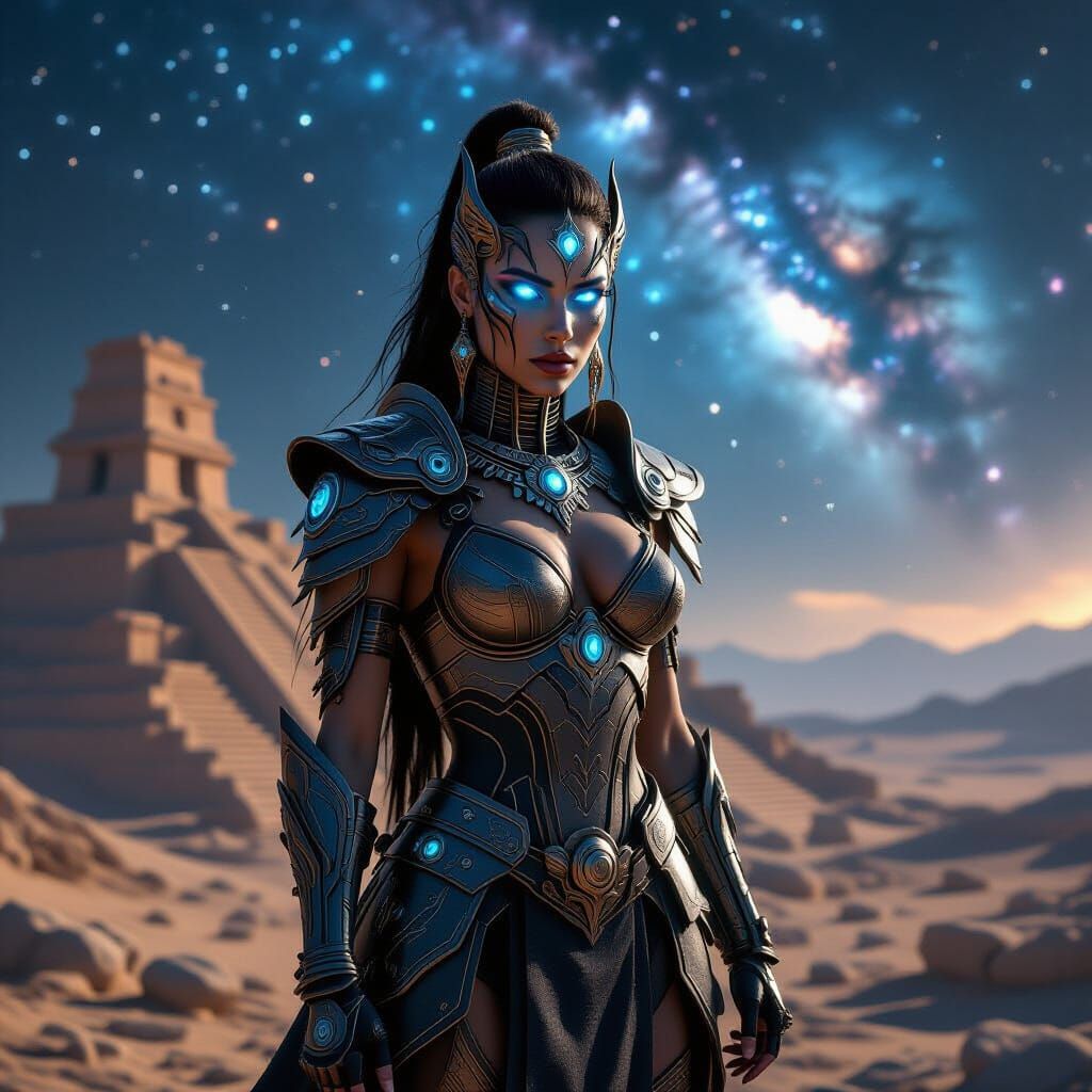 Warrior Queen on Alien Ziggurat in Gothic Armor