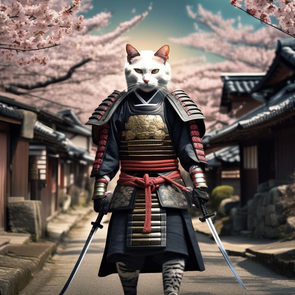 Cat Samurai Walks Through Feudal Japan Village