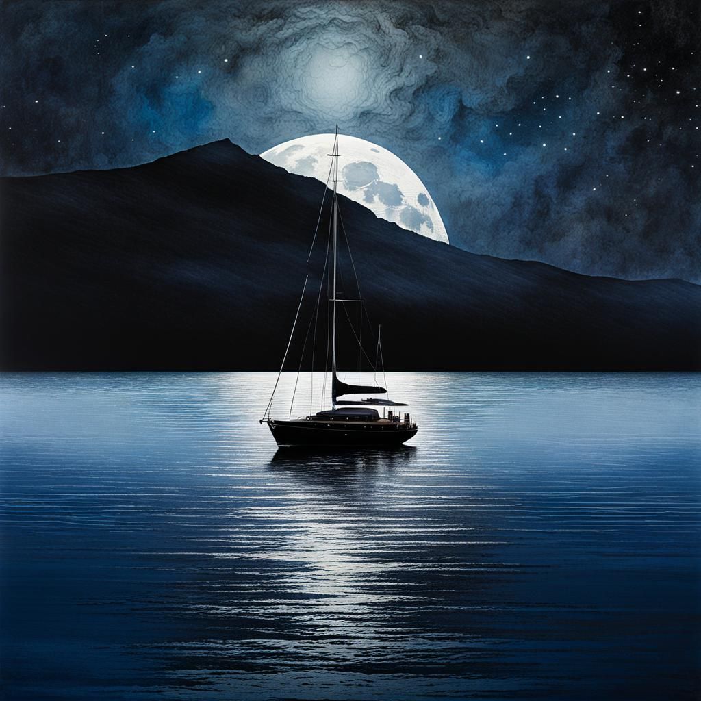 Tiny sailboat waiting for the shy moon