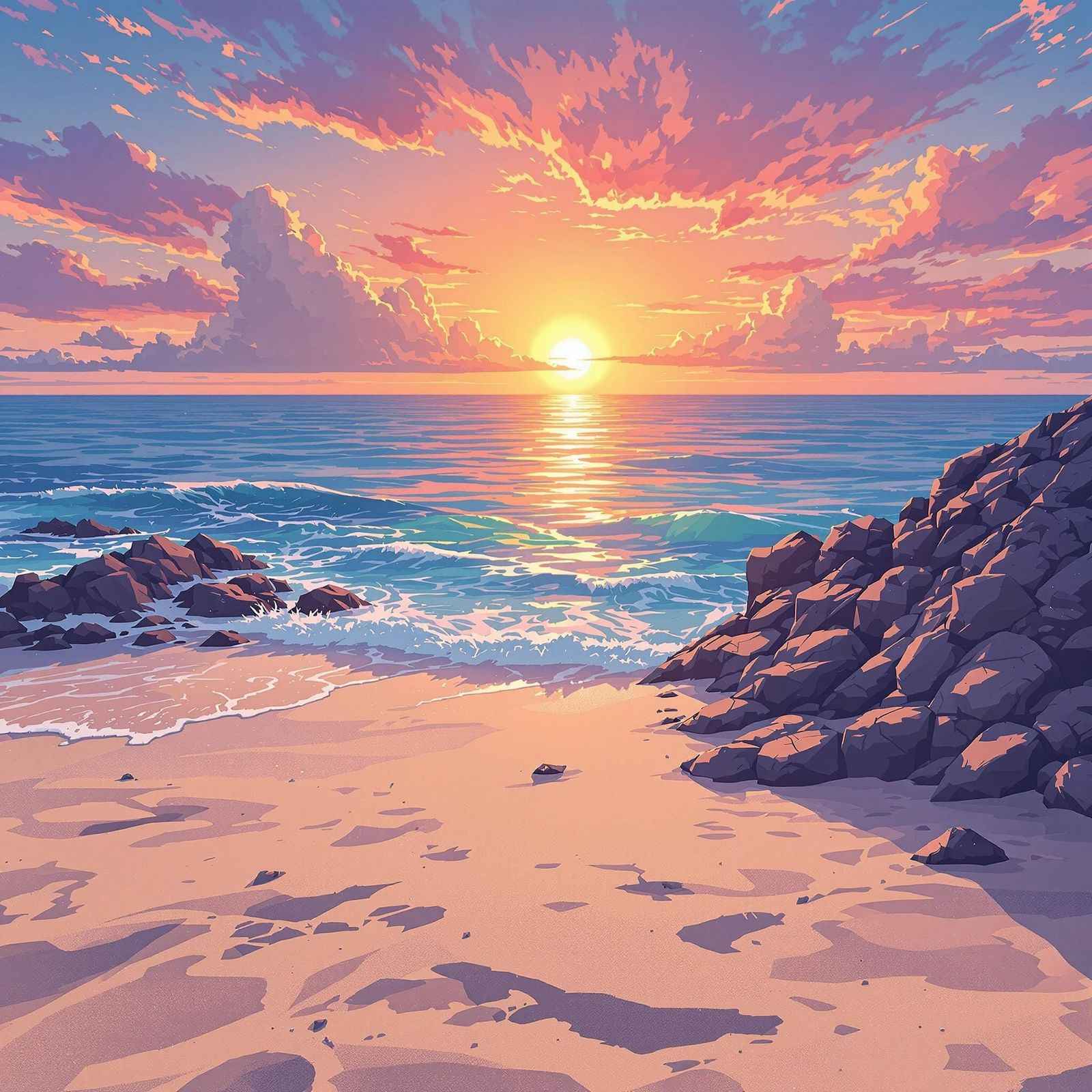 Beautiful Sunset Over Sandy Beach in Anime Style