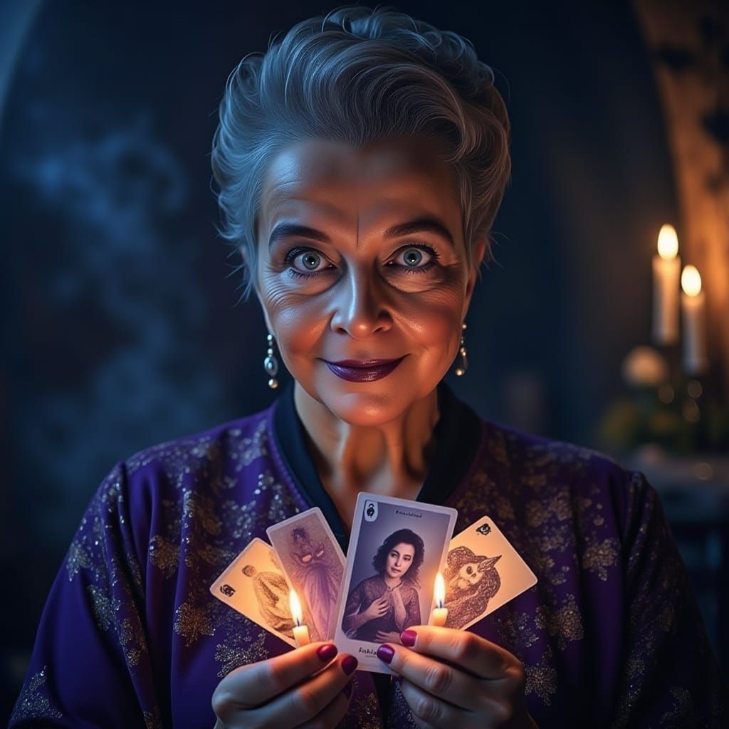 Woman <lora:Me:1.1> Sorcerer reading onto Lenormand Tarot Ca...