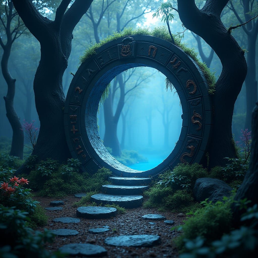 Mystical Portal in Dark Forest, Fantasy Art