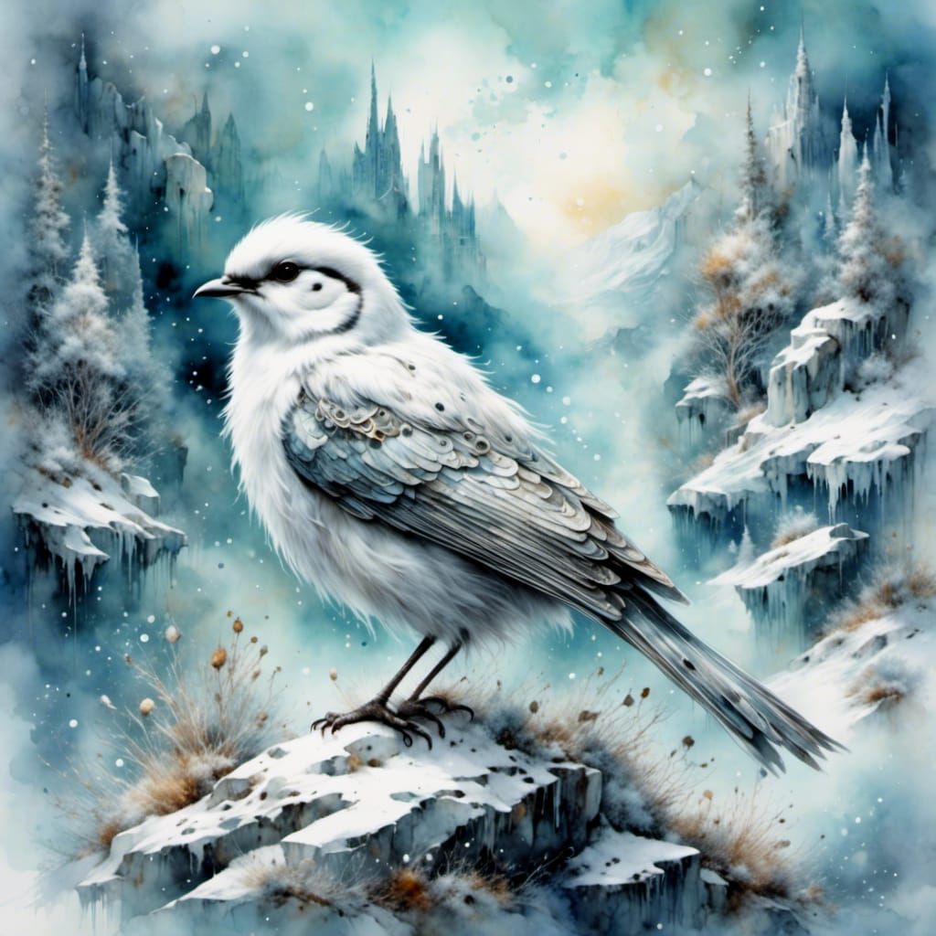 Arctic Ptarmigan in Snow with Ink Effects