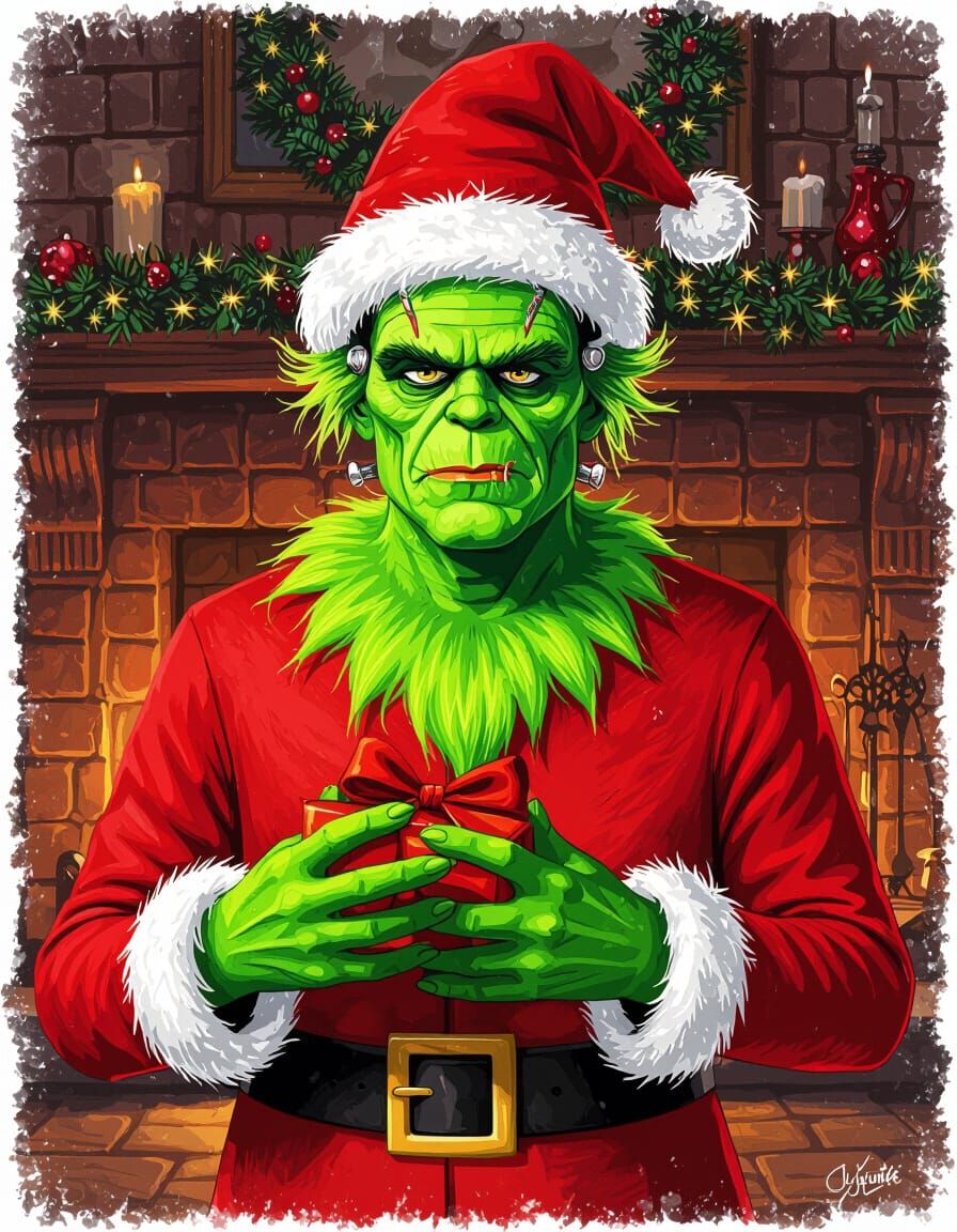 Frankenstein as Grinch by Christmas Fireplace