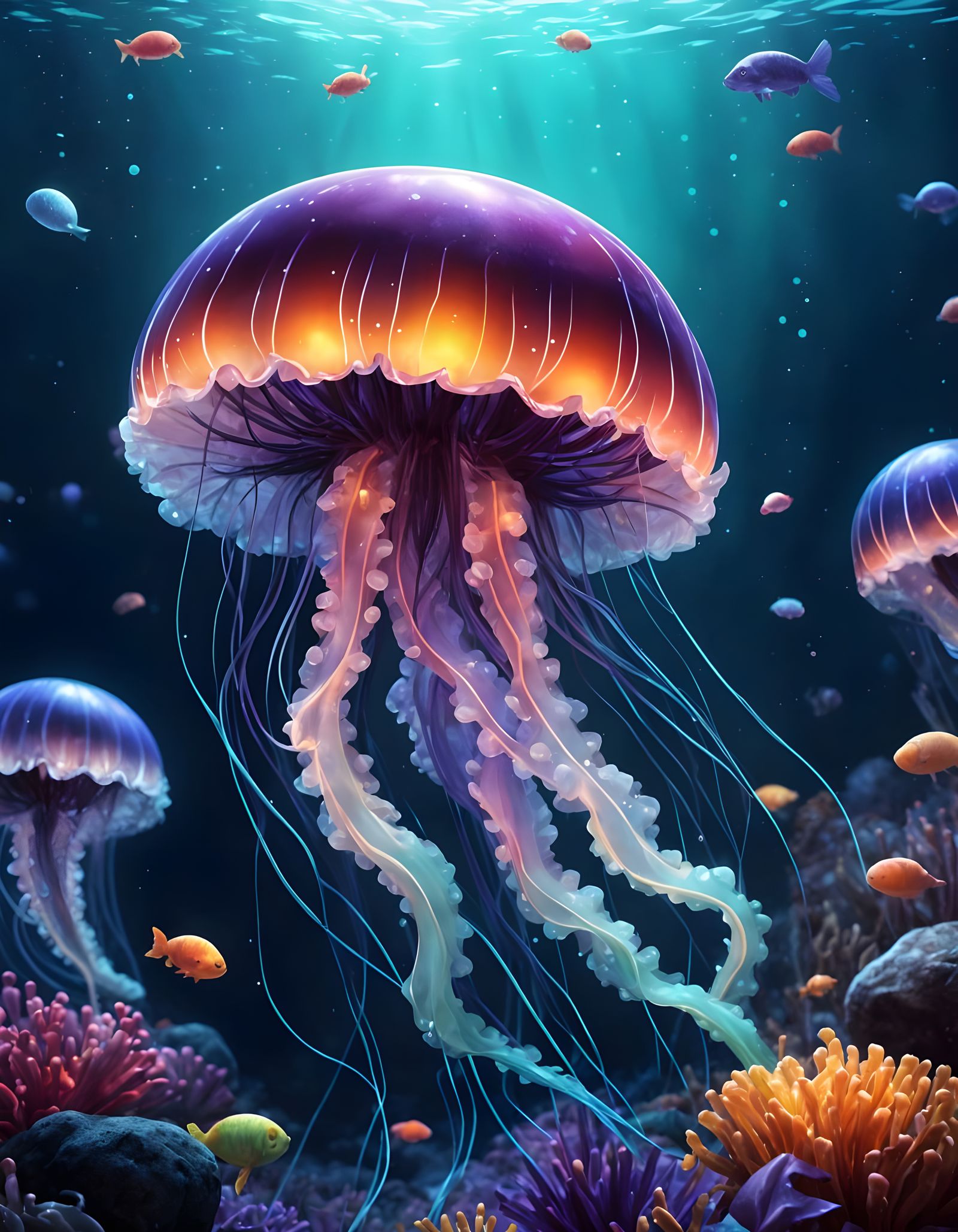 Enchanted Jellyfish in Neon Underwater World
