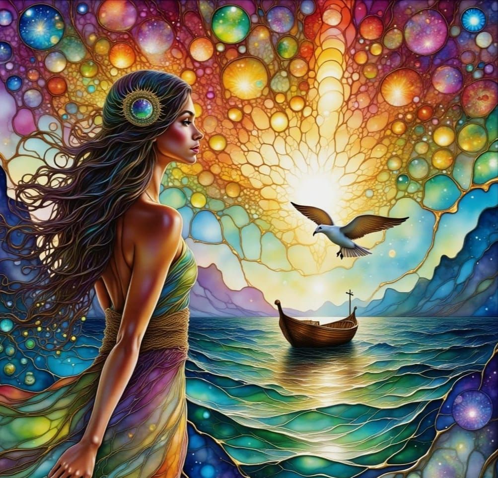 Ethereal Ocean Goddess with Flowing Hair and Golden Accents