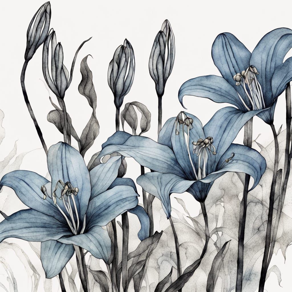 Monochrome Ink Drawing of Cobra Lily with Watercolor