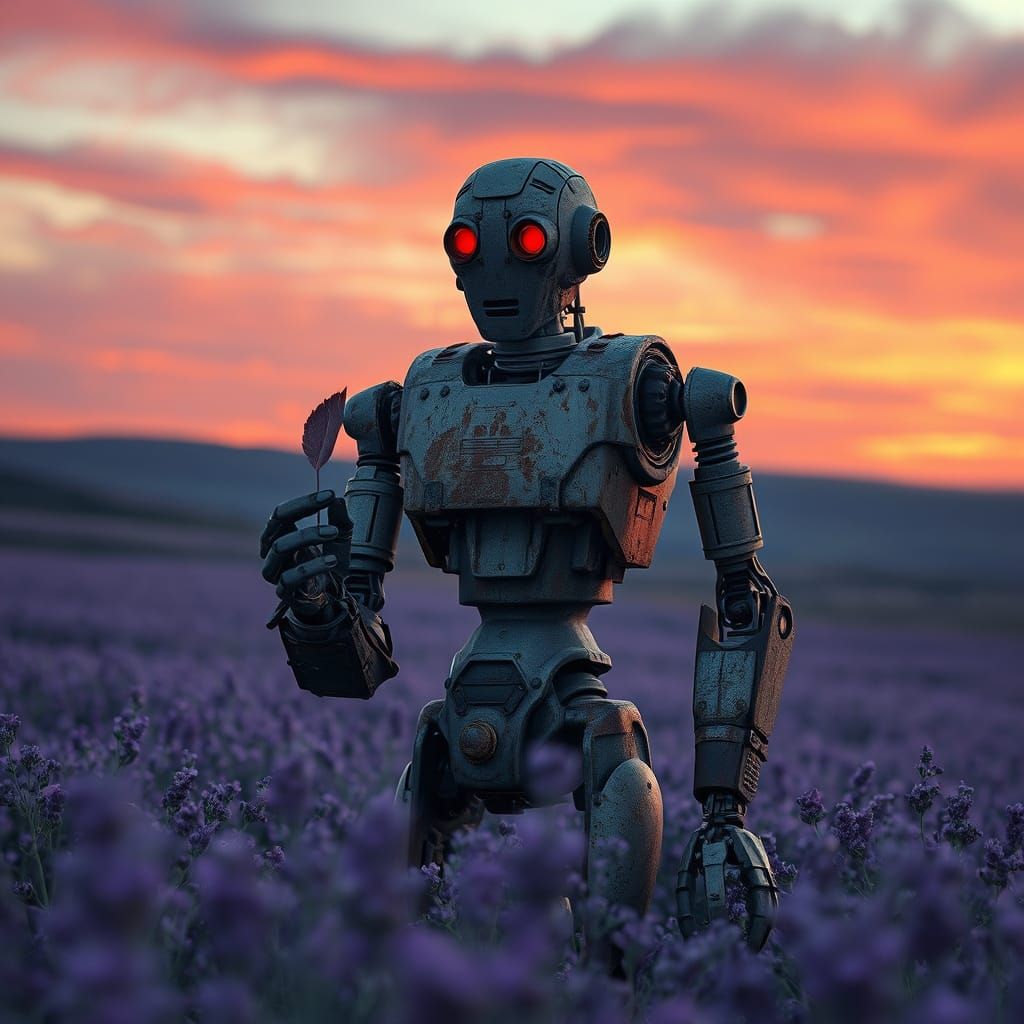 Rusted Robot Amidst Lavender Dreamscape