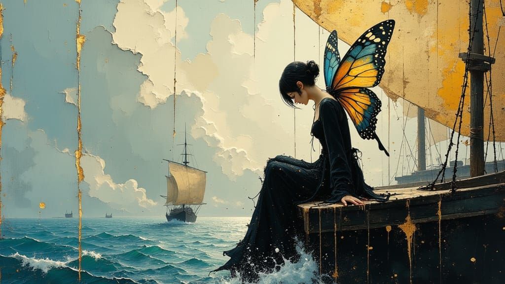 Pirate Pixie Fairy on Ship Deck in Impressionist Oil Style