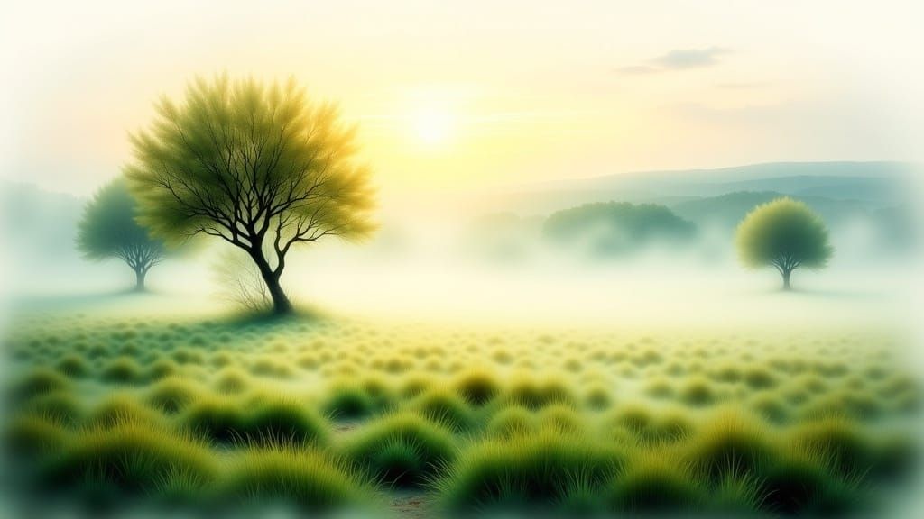 Soft Focus Watercolor of Serene, Misty Morning Landscape