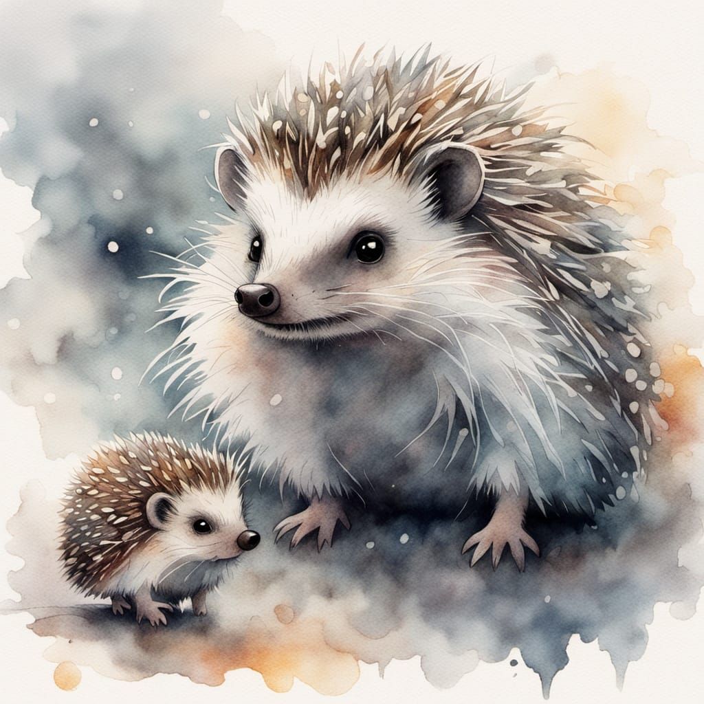Child and Hedgehog in Fog: Watercolor Pencil Sketch