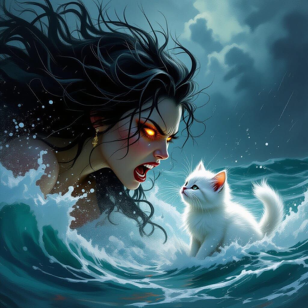 Fearsome Siren Attacked by Fluffy Kitten in Stormy Oil Paint...