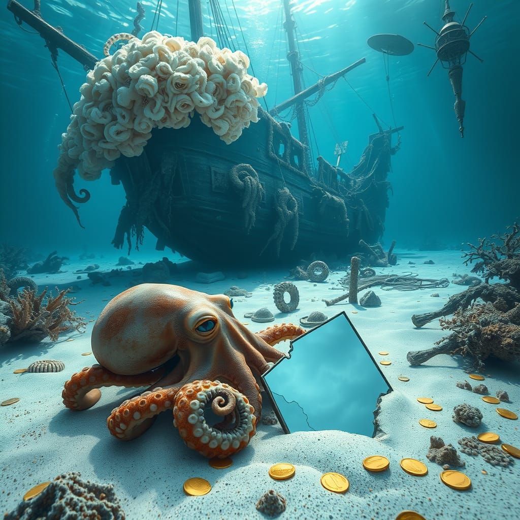 Octopus Reflects on Sunken Treasure: Hyperrealistic Ocean Sc...