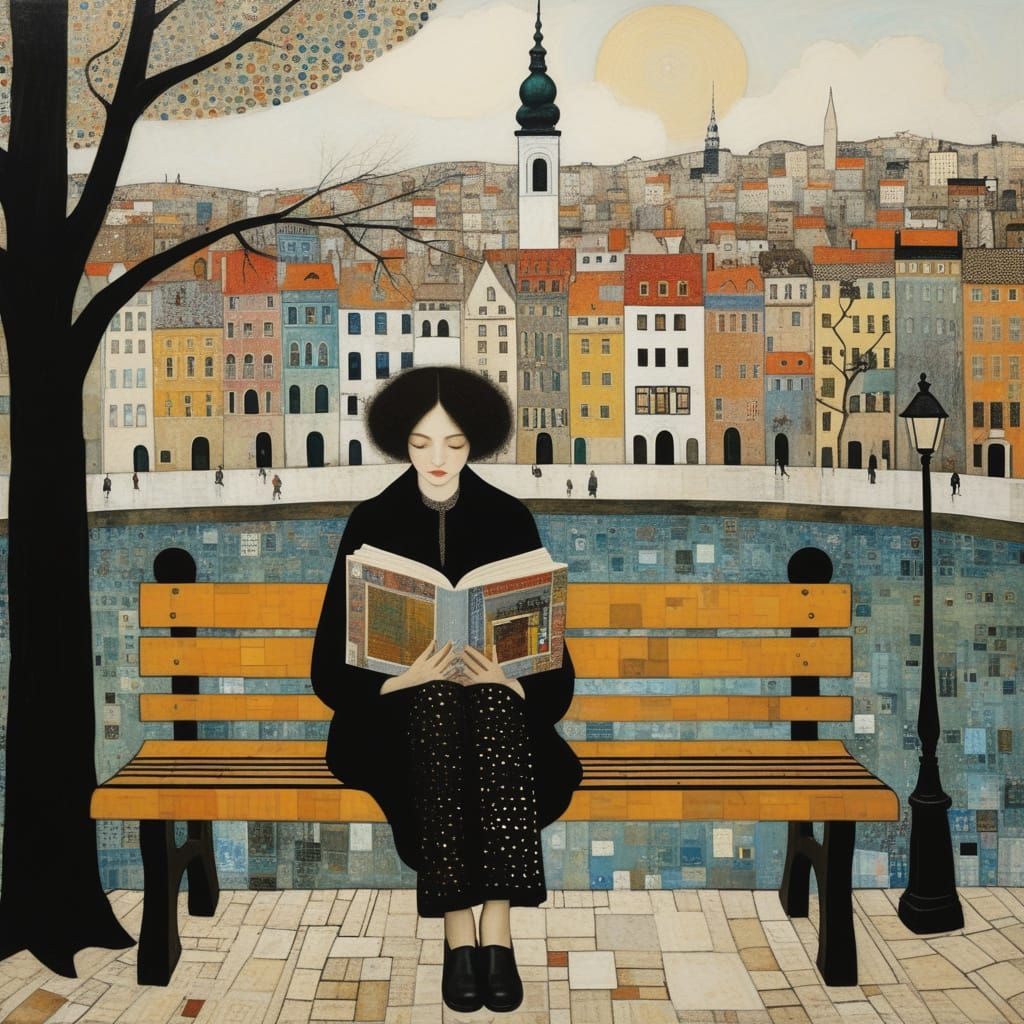 Person Reading on a City Bench in Mixed Media Style