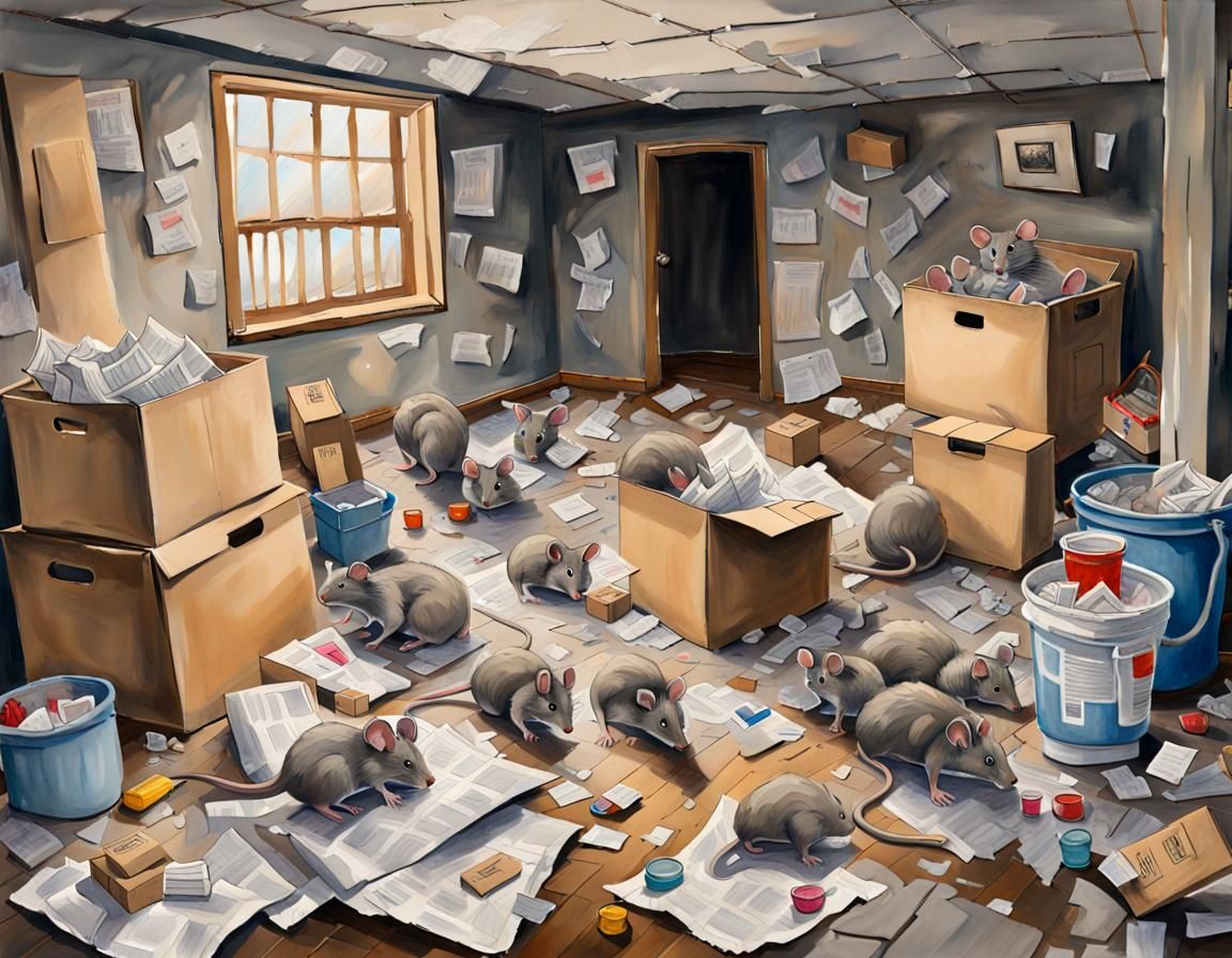 Messy Basement with Mice: An Impressionist Gouache Painting