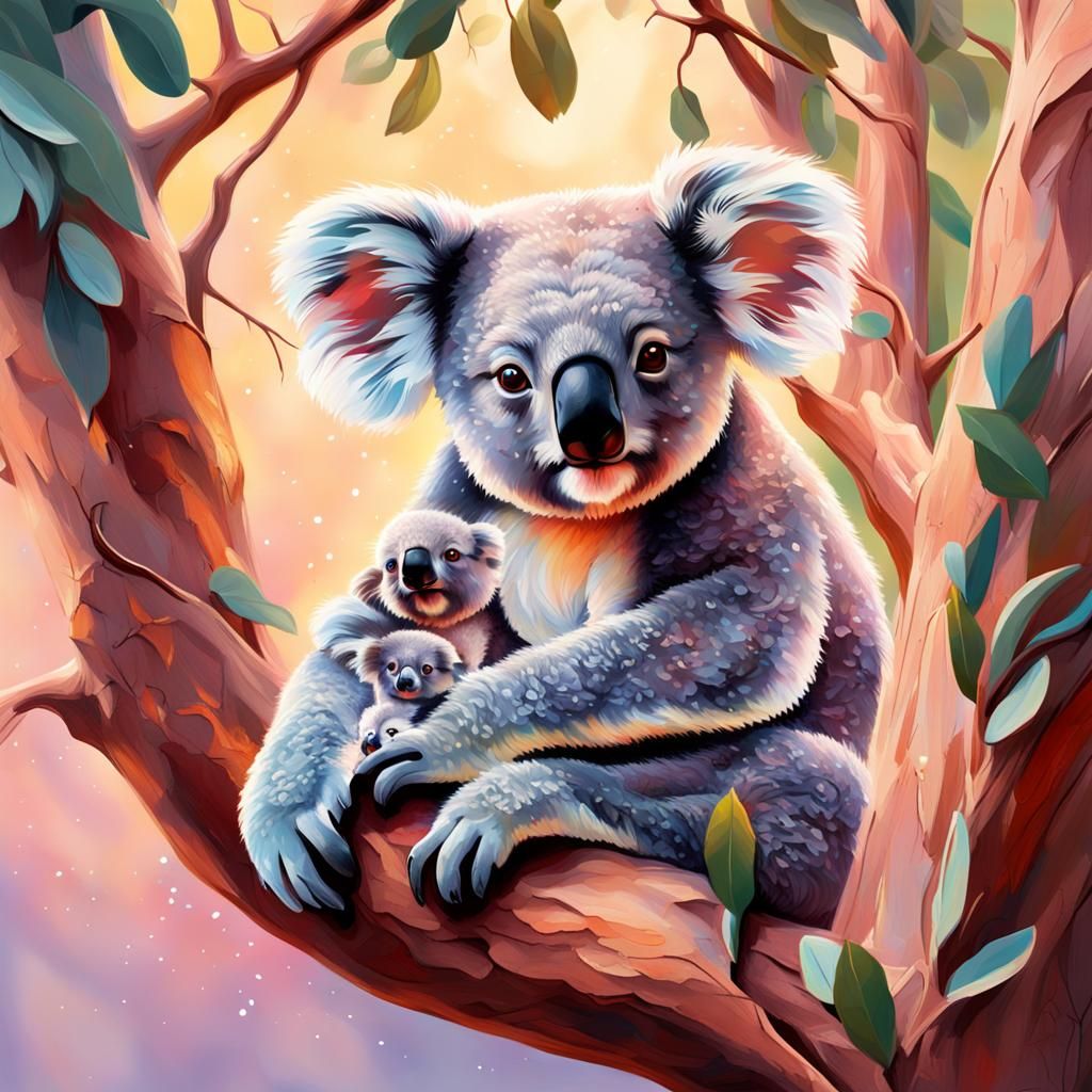 Koala with Baby in Gum Tree: Hyperrealistic Splash Art