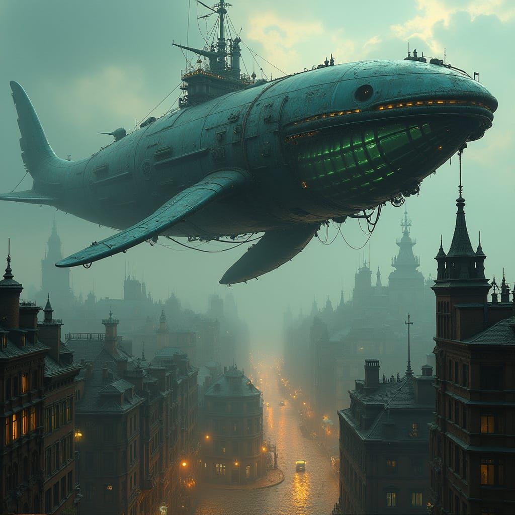 Whale Airship Soaring Over Victorian City, Steampunk Style