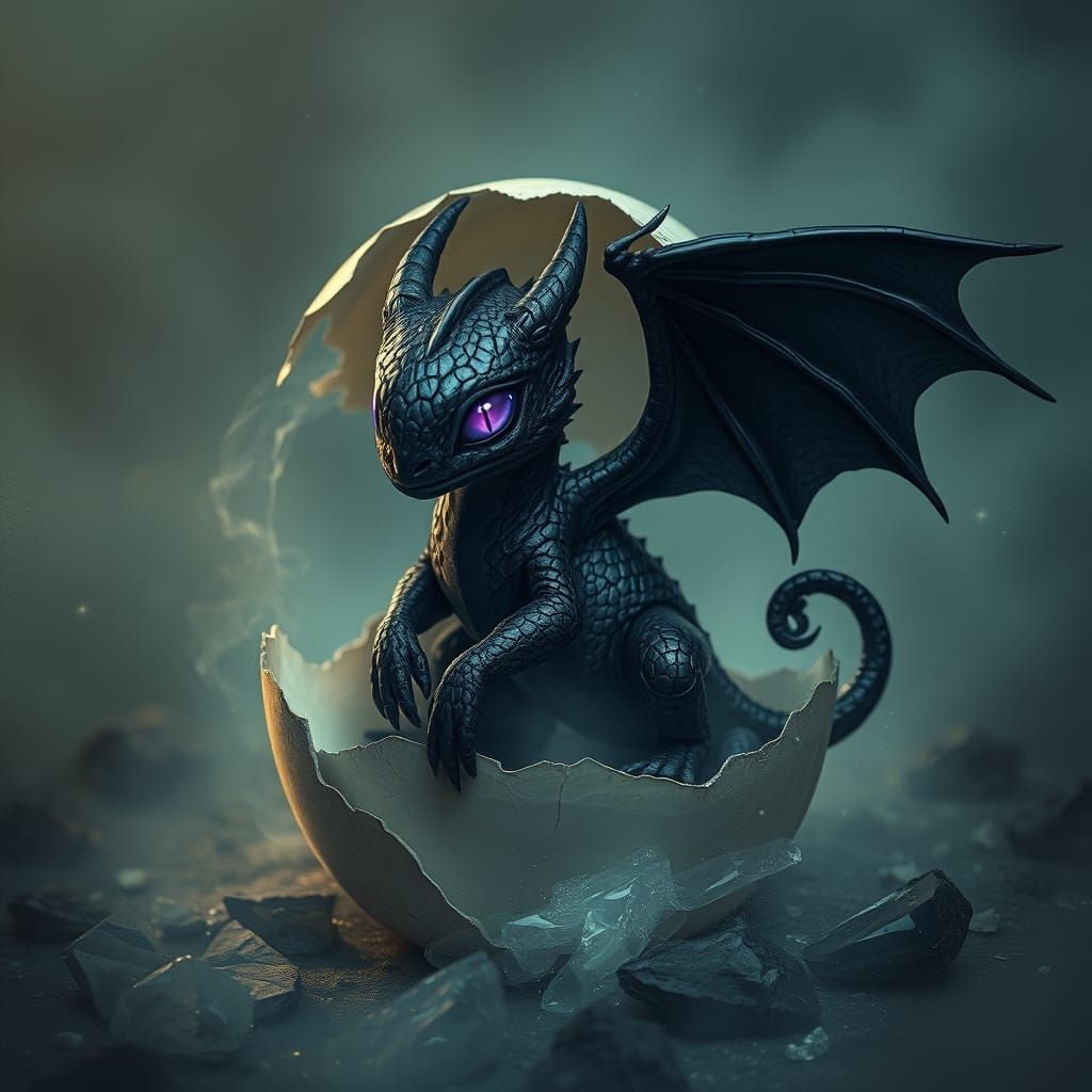 Newborn Dragon Emerges from Egg in Digital Art