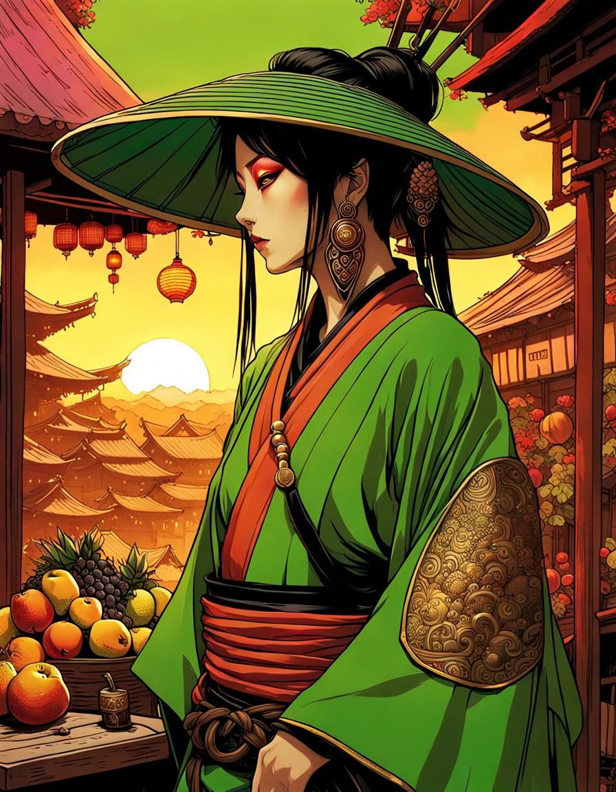 Samurai in Medieval Village at Sunset