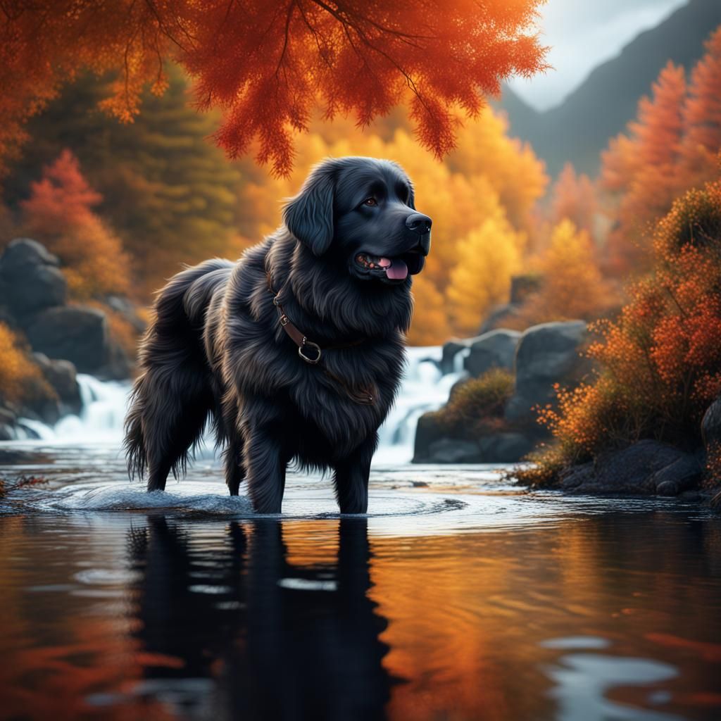 Newfoundland Dog in Autumn River: Matte Painting