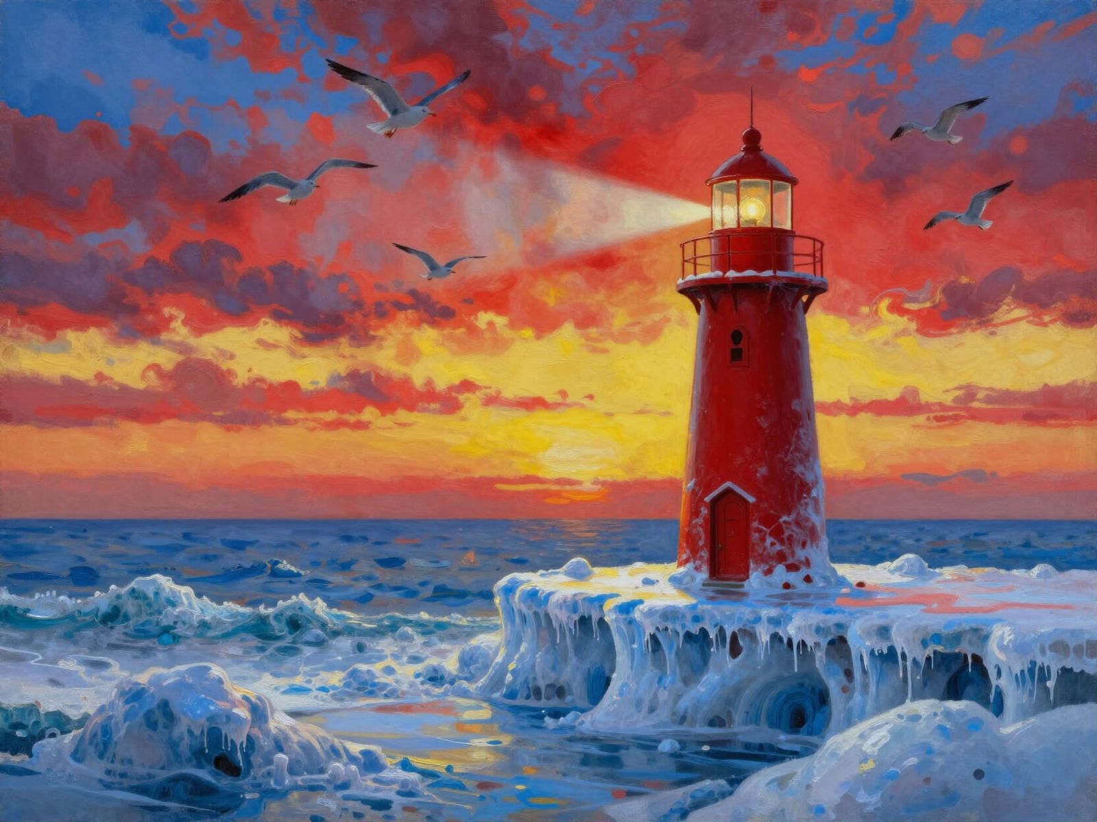 Ice-Covered Lighthouse Under Surreal Sunset Sky
