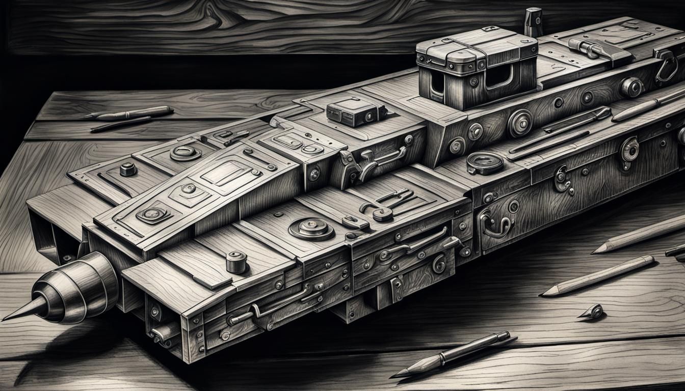 Hyper-Realistic Charcoal Drawing of Toolbox on Workbench