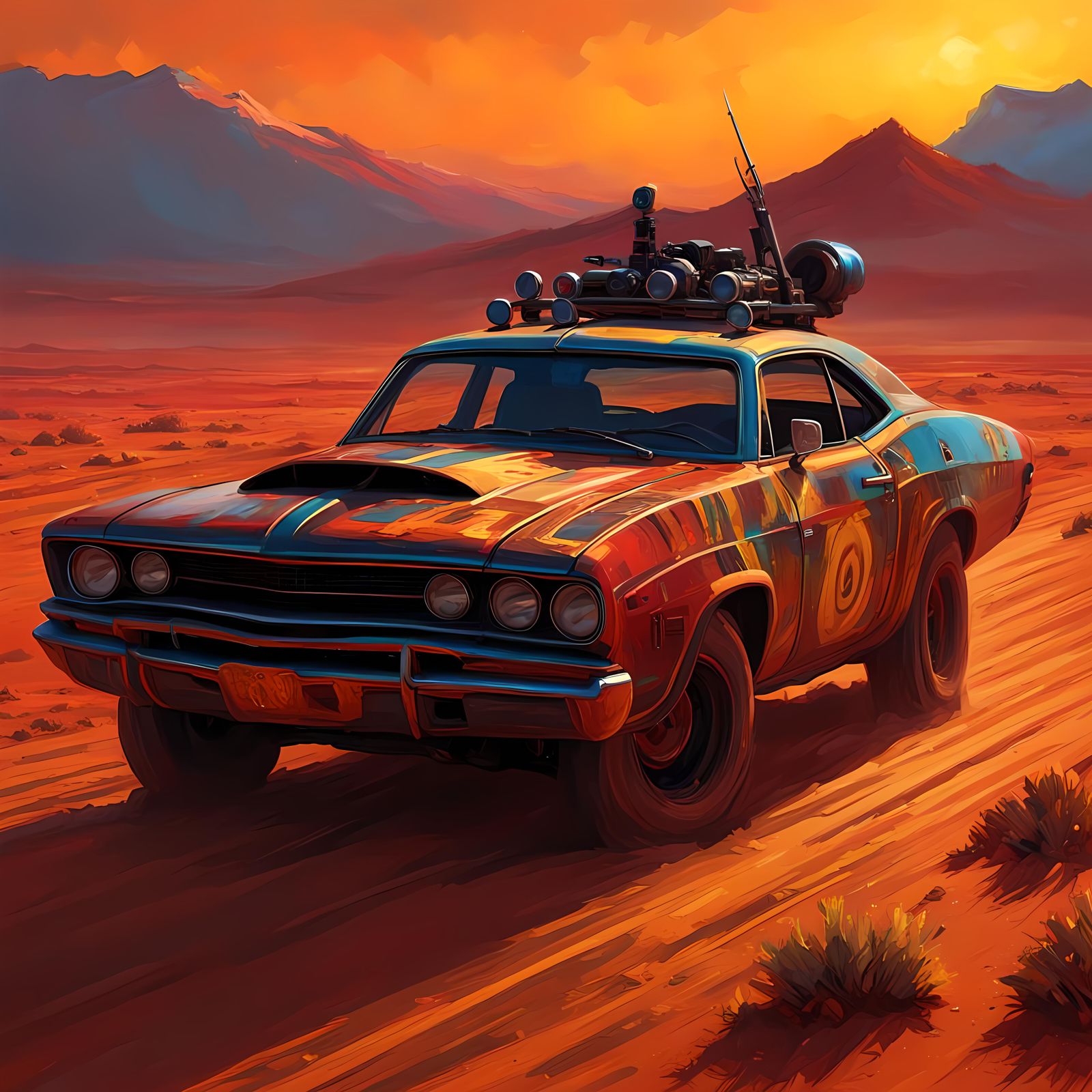 Mad Max Car on Fury Road in Post-Apocalyptic Style