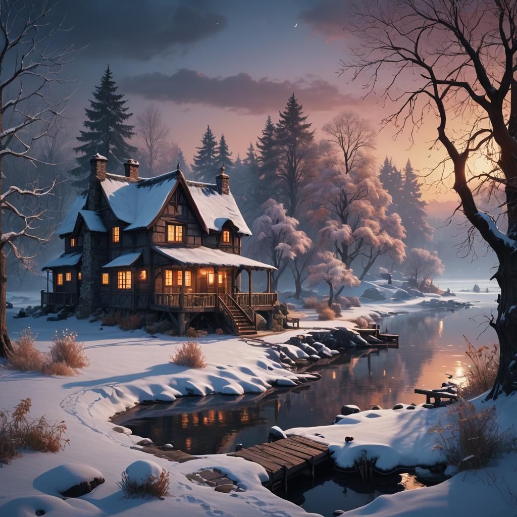 Winter Cottage at Dusk: Detailed Matte Painting