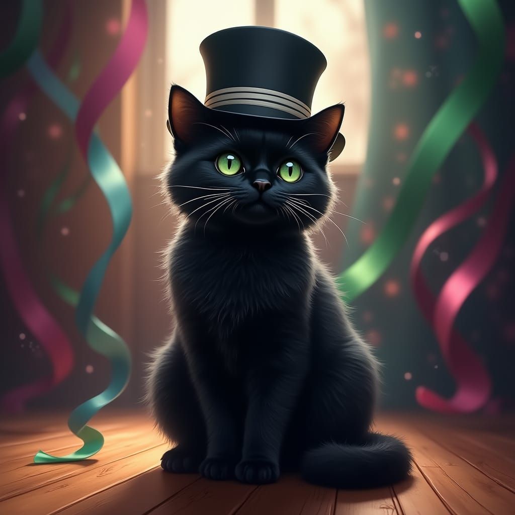 Majestic Silky Black Cat in Vintage Top Hat on Rich Wooden F...